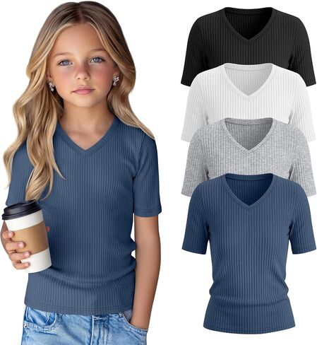 4 Pack Girls Short Sleeve Tops V Neck Slim Fit Ribbed Knit Shirts Basic Casual Solid Summer Cute Tees 5-14 Years in Saudi Arabia
