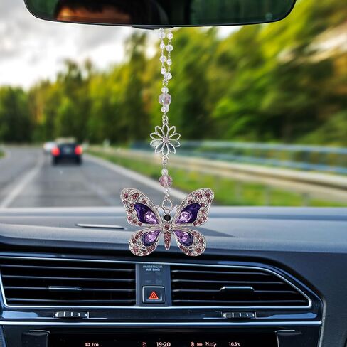 Car Mirror Hanging Accessories - Purple Butterfly Crystal Rhinestone Pendant for Rear View Mirror, Cute Car Interior Accessory for Women, Gift for Driver Mom Friends in Saudi Arabia