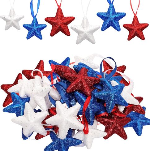 24pcs Memorial Day Decorations Patriotic Hanging Star Ornaments for Tree 4th of July Red White and Blue Ornaments for Independence Day Indoor Outdoor Home Decor in Saudi Arabia