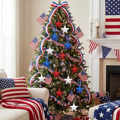 24pcs Memorial Day Decorations Patriotic Hanging Star Ornaments for Tree 4th of July Red White and Blue Ornaments for Independence Day Indoor Outdoor Home Decor in Saudi Arabia