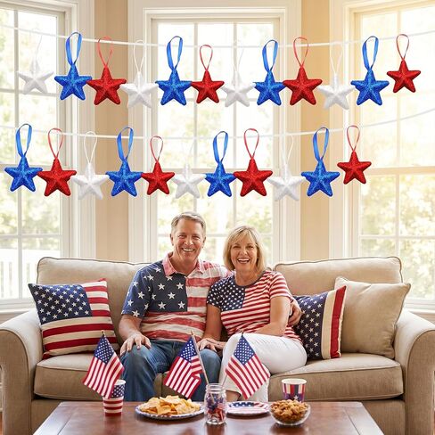 24pcs Memorial Day Decorations Patriotic Hanging Star Ornaments for Tree 4th of July Red White and Blue Ornaments for Independence Day Indoor Outdoor Home Decor in Saudi Arabia