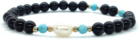 Black Agate Beaded Bracelet, 6mm, with Turquoise and Pearl Beads, Handmade Women's Jewelry, Birthday Gift for Her in Kuwait