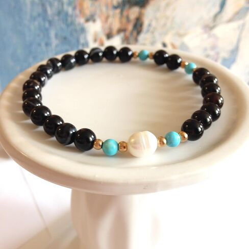 Black Agate Beaded Bracelet, 6mm, with Turquoise and Pearl Beads, Handmade Women's Jewelry, Birthday Gift for Her in Kuwait