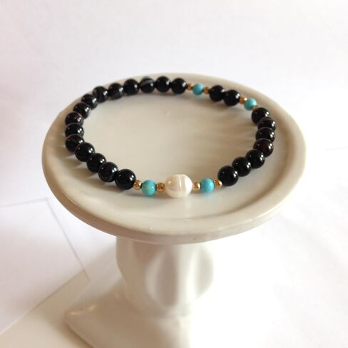 Black Agate Beaded Bracelet, 6mm, with Turquoise and Pearl Beads, Handmade Women's Jewelry, Birthday Gift for Her in Kuwait