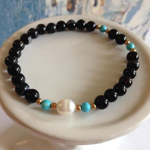 Black Agate Beaded Bracelet, 6mm, with Turquoise and Pearl Beads, Handmade Women's Jewelry, Birthday Gift for Her in Kuwait