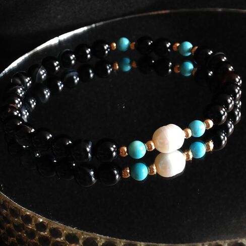Black Agate Beaded Bracelet, 6mm, with Turquoise and Pearl Beads, Handmade Women's Jewelry, Birthday Gift for Her in Kuwait