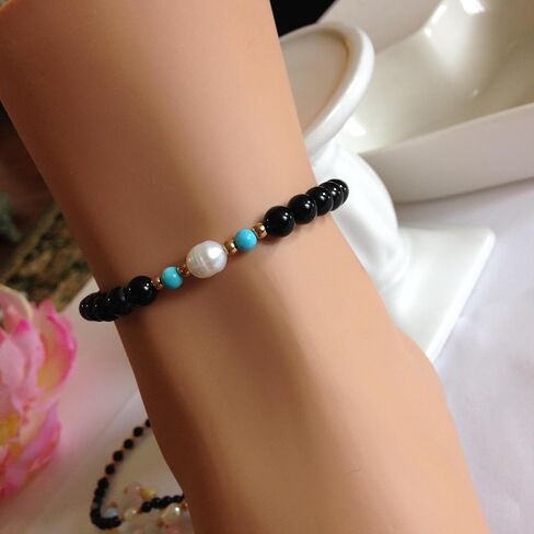 Black Agate Beaded Bracelet, 6mm, with Turquoise and Pearl Beads, Handmade Women's Jewelry, Birthday Gift for Her in Kuwait
