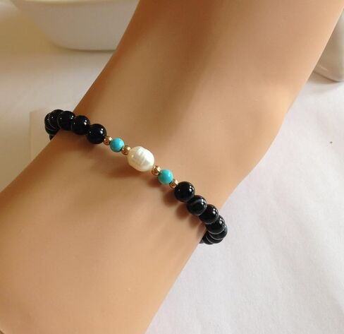 Black Agate Beaded Bracelet, 6mm, with Turquoise and Pearl Beads, Handmade Women's Jewelry, Birthday Gift for Her in Kuwait