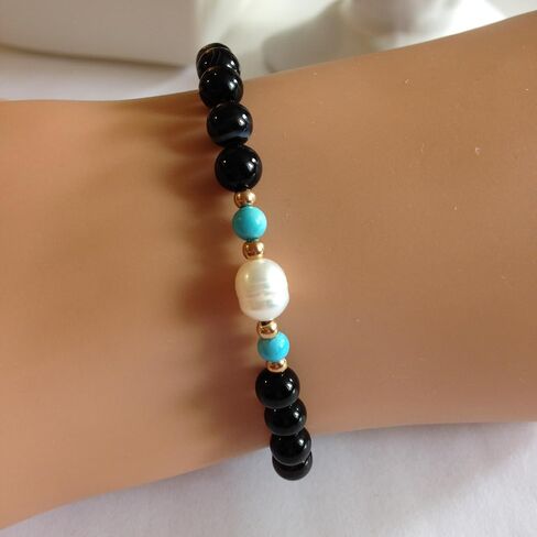 Black Agate Beaded Bracelet, 6mm, with Turquoise and Pearl Beads, Handmade Women's Jewelry, Birthday Gift for Her in Kuwait