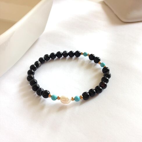 Black Agate Beaded Bracelet, 6mm, with Turquoise and Pearl Beads, Handmade Women's Jewelry, Birthday Gift for Her in Kuwait