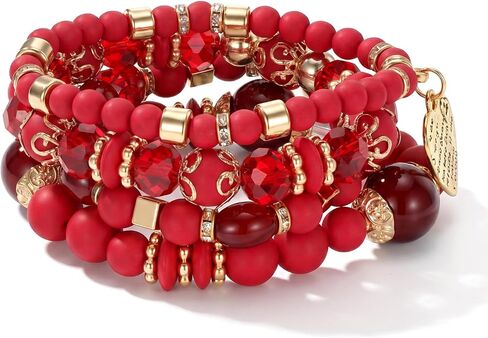 4 Pcs Boho Red Bracelet for Women Stackable Beaded Bracelets Set with Crystal and Gold Accessories Stretch Bead Bracelets Multi-Layer Boho Jewelry for Holiday Gift in Saudi Arabia