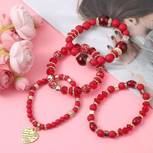4 Pcs Boho Red Bracelet for Women Stackable Beaded Bracelets Set with Crystal and Gold Accessories Stretch Bead Bracelets Multi-Layer Boho Jewelry for Holiday Gift in Saudi Arabia