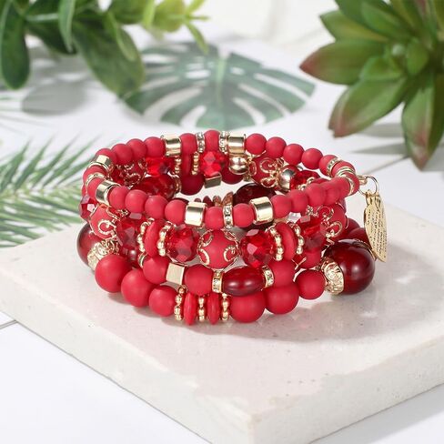 4 Pcs Boho Red Bracelet for Women Stackable Beaded Bracelets Set with Crystal and Gold Accessories Stretch Bead Bracelets Multi-Layer Boho Jewelry for Holiday Gift in Saudi Arabia