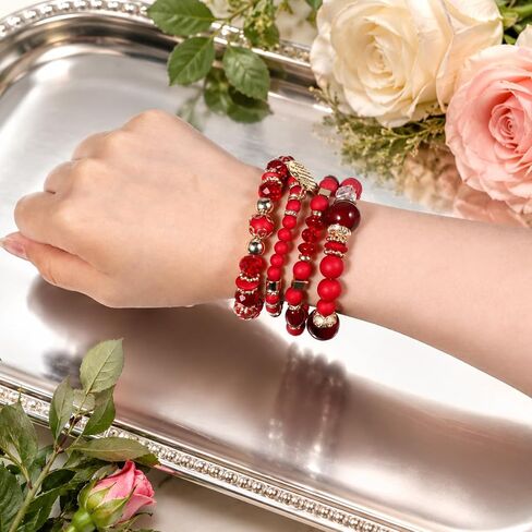 4 Pcs Boho Red Bracelet for Women Stackable Beaded Bracelets Set with Crystal and Gold Accessories Stretch Bead Bracelets Multi-Layer Boho Jewelry for Holiday Gift in Saudi Arabia