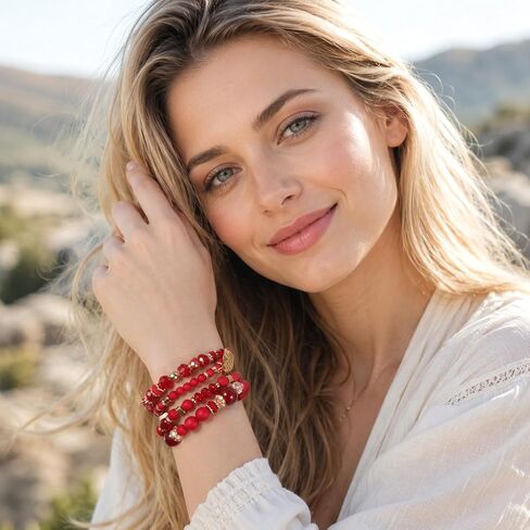 4 Pcs Boho Red Bracelet for Women Stackable Beaded Bracelets Set with Crystal and Gold Accessories Stretch Bead Bracelets Multi-Layer Boho Jewelry for Holiday Gift in Saudi Arabia