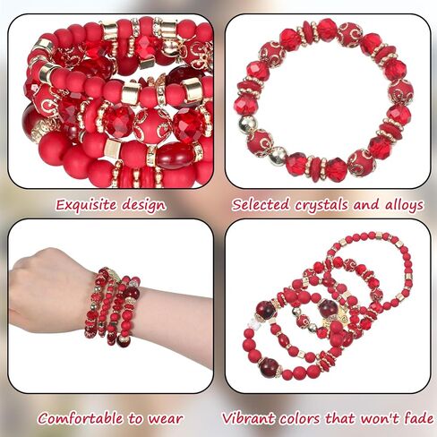 4 Pcs Boho Red Bracelet for Women Stackable Beaded Bracelets Set with Crystal and Gold Accessories Stretch Bead Bracelets Multi-Layer Boho Jewelry for Holiday Gift in Saudi Arabia