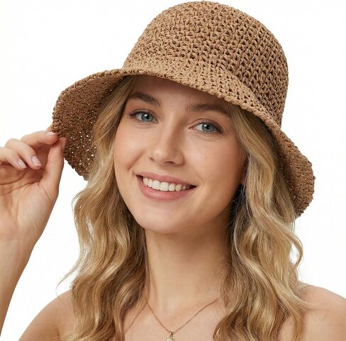 Floppy Womens Beach Hat, Packable Sun Hat, Straw Bucket Hats, Foldable Summer Wide Brim Hats for Travel UV Protection(Khaki) in Saudi Arabia
