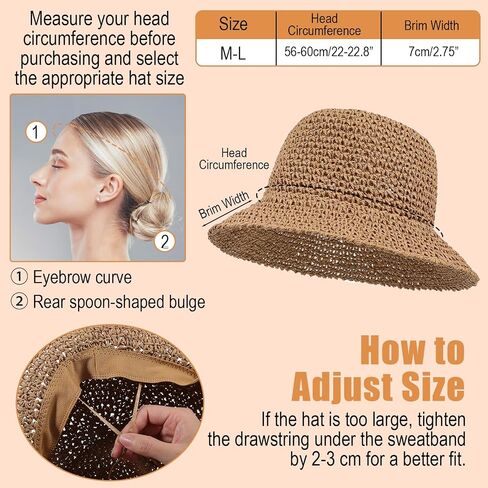 Floppy Womens Beach Hat, Packable Sun Hat, Straw Bucket Hats, Foldable Summer Wide Brim Hats for Travel UV Protection(Khaki) in Saudi Arabia