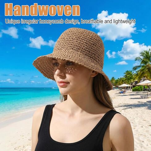 Floppy Womens Beach Hat, Packable Sun Hat, Straw Bucket Hats, Foldable Summer Wide Brim Hats for Travel UV Protection(Khaki) in Saudi Arabia