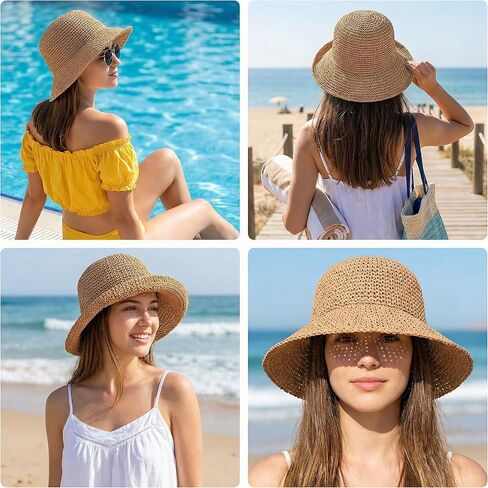 Floppy Womens Beach Hat, Packable Sun Hat, Straw Bucket Hats, Foldable Summer Wide Brim Hats for Travel UV Protection(Khaki) in Saudi Arabia