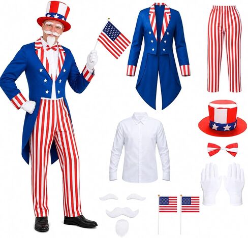 American Flag Costume Adult Men, 4th of July Patriotic Outfit Set with Jacket, Pants, Hat, Shirt, Gloves, Flags in Saudi Arabia