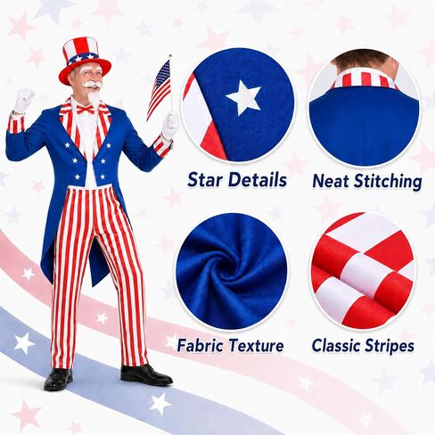 American Flag Costume Adult Men, 4th of July Patriotic Outfit Set with Jacket, Pants, Hat, Shirt, Gloves, Flags in Saudi Arabia