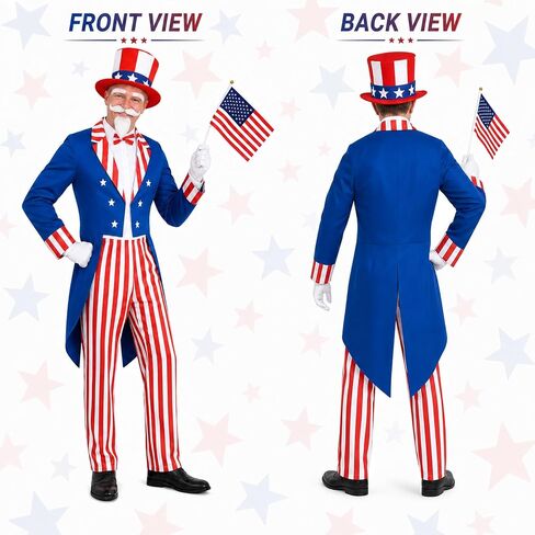 American Flag Costume Adult Men, 4th of July Patriotic Outfit Set with Jacket, Pants, Hat, Shirt, Gloves, Flags in Saudi Arabia