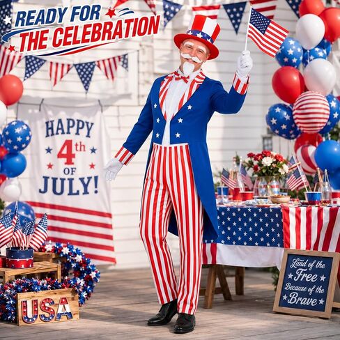 American Flag Costume Adult Men, 4th of July Patriotic Outfit Set with Jacket, Pants, Hat, Shirt, Gloves, Flags in Saudi Arabia