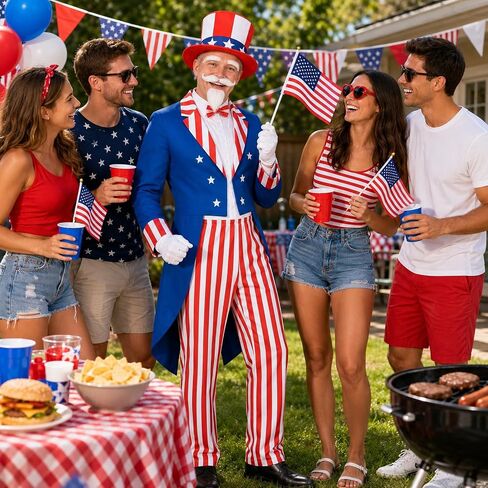 American Flag Costume Adult Men, 4th of July Patriotic Outfit Set with Jacket, Pants, Hat, Shirt, Gloves, Flags in Saudi Arabia