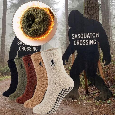 Glitopper 5 Pcs Fuzzy Bigfoot Crew Socks Men's Bigfoot Soft Fluffy Slipper Socks Funny Sasquatch Gifts for Him Men Husband Father's Day in Kuwait