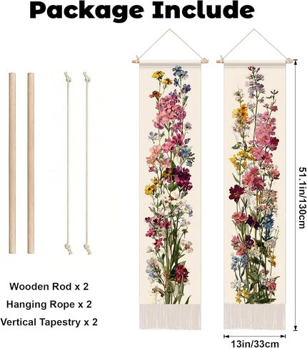 NYZE Vintage Wildflowers Vertical Tapestry Wall Hanging with Tassels 13x51.1inch Aesthetic Long Tapestry Vertical Wall Art for Bedroom, Living Room, Dorm Room, Home Art Decoration in Saudi Arabia
