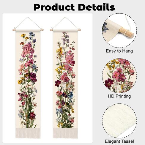 NYZE Vintage Wildflowers Vertical Tapestry Wall Hanging with Tassels 13x51.1inch Aesthetic Long Tapestry Vertical Wall Art for Bedroom, Living Room, Dorm Room, Home Art Decoration in Saudi Arabia