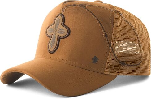 Sacudido's | Trucker Cap Cross Rosary | Snapback Hats, Adjustable, Unisex, Faith (US, Alpha, One Size, Ocre) in Saudi Arabia