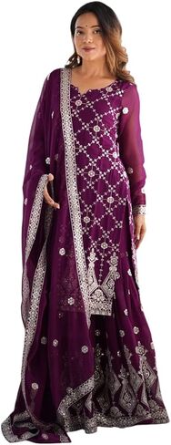 Women's Georgette Embroidery Work Straight Kurta With Sharara Suit and Dupatta Set in Kuwait