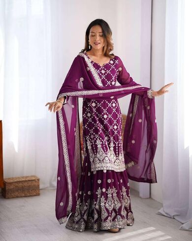 Women's Georgette Embroidery Work Straight Kurta With Sharara Suit and Dupatta Set in Kuwait