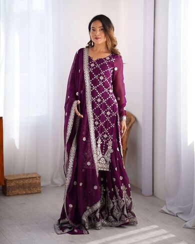 Women's Georgette Embroidery Work Straight Kurta With Sharara Suit and Dupatta Set in Kuwait