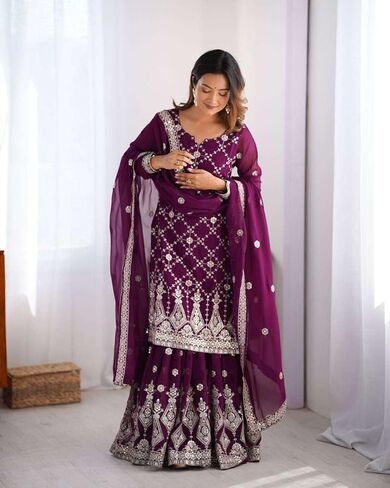 Women's Georgette Embroidery Work Straight Kurta With Sharara Suit and Dupatta Set in Kuwait