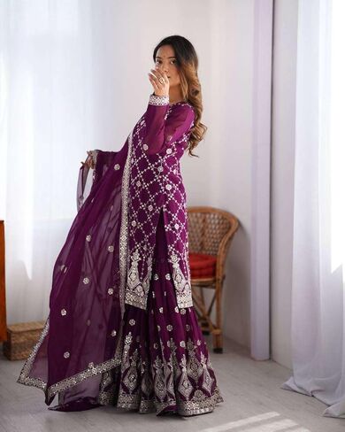 Women's Georgette Embroidery Work Straight Kurta With Sharara Suit and Dupatta Set in Kuwait