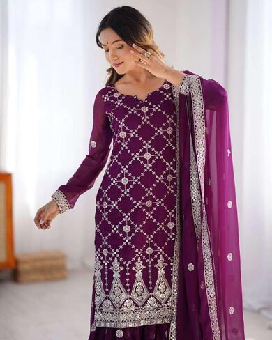 Women's Georgette Embroidery Work Straight Kurta With Sharara Suit and Dupatta Set in Kuwait