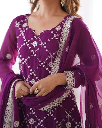 Women's Georgette Embroidery Work Straight Kurta With Sharara Suit and Dupatta Set in Kuwait