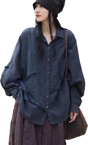 LUZU JUNU Women Loose Fit Shirt Long Sleeve Distressed Frayed Patchwork Irregular Button Down Casual Loose Tunic Tops (as1, Alpha, one_Size, Regular, Regular, Navy) in Saudi Arabia