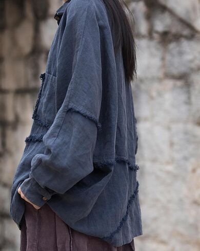LUZU JUNU Women Loose Fit Shirt Long Sleeve Distressed Frayed Patchwork Irregular Button Down Casual Loose Tunic Tops (as1, Alpha, one_Size, Regular, Regular, Navy) in Saudi Arabia