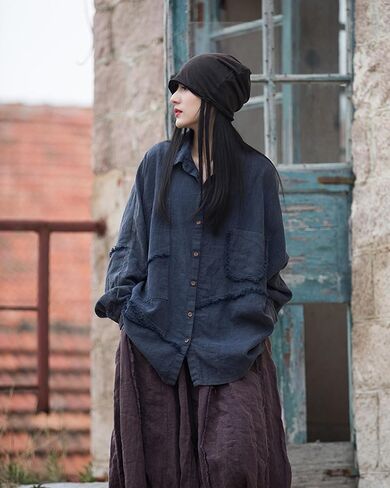 LUZU JUNU Women Loose Fit Shirt Long Sleeve Distressed Frayed Patchwork Irregular Button Down Casual Loose Tunic Tops (as1, Alpha, one_Size, Regular, Regular, Navy) in Saudi Arabia