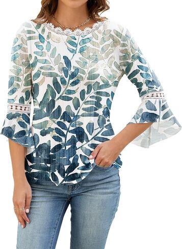 3/4 Sleeve Tops for Women Floral Print Fashion Blouses Loose Fit Tunic Top Bohemian Bell Sleeve T-Shirts Dressy Casual in Saudi Arabia