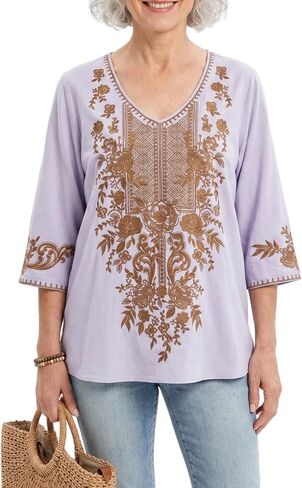 LauraKlein Mexican Embroidered Tops for Women, 3/4 Sleeve V Neck Boho Peasant Blouse Loose Floral Tunic Hippie Clothes in Saudi Arabia