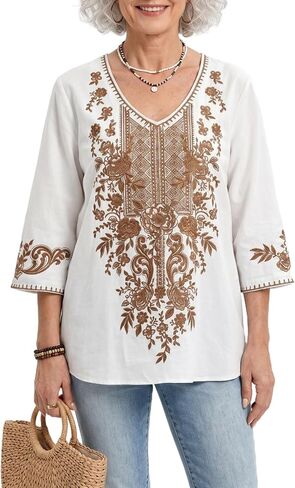 LauraKlein Mexican Embroidered Tops for Women, 3/4 Sleeve V Neck Boho Peasant Blouse Loose Floral Tunic Hippie Clothes in Saudi Arabia