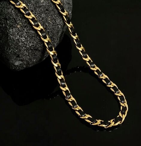 Cool Gold Cuban Link Chain for Women, 14K Gold Plated Cuban Chain with Black Leather Choker Necklace, Fashion Goth Black Gold Chain Necklace No Tarnish Hypoallergenic Necklace Jewelry in Saudi Arabia