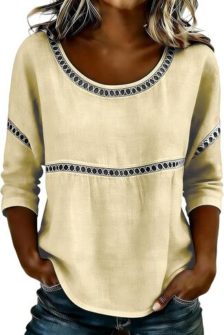 3/4 Length Sleeve Tops for Women Lace Patch Casual Dressy Blouses Boho Trendy Shirts Round Neck Loose Fit Tunics in Saudi Arabia