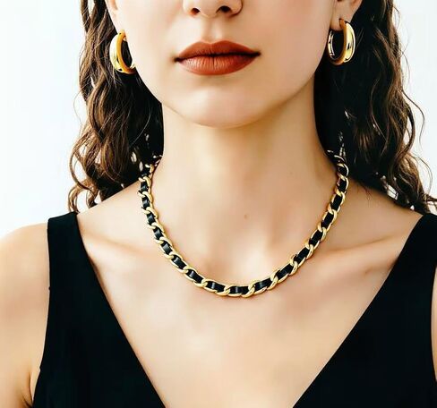 Cool Gold Cuban Link Chain for Women, 14K Gold Plated Cuban Chain with Black Leather Choker Necklace, Fashion Goth Black Gold Chain Necklace No Tarnish Hypoallergenic Necklace Jewelry in Saudi Arabia