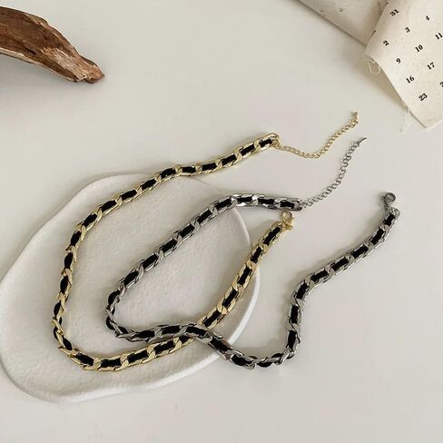 Cool Gold Cuban Link Chain for Women, 14K Gold Plated Cuban Chain with Black Leather Choker Necklace, Fashion Goth Black Gold Chain Necklace No Tarnish Hypoallergenic Necklace Jewelry in Saudi Arabia